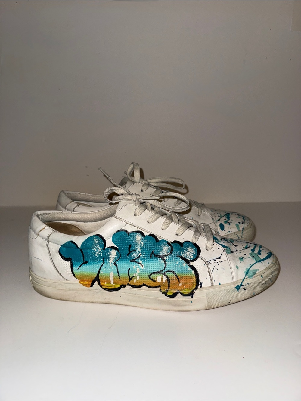 Custom painted White Sneakers with Teal & Yellow Graffiti Detail